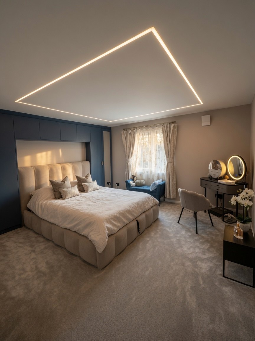 Master bedroom with navy fitted wardrobes and LED ceiling feature