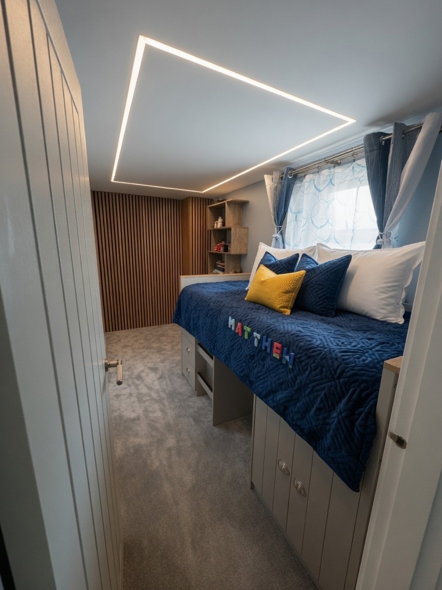 Children's room with cabin bed and slatted wood feature wall