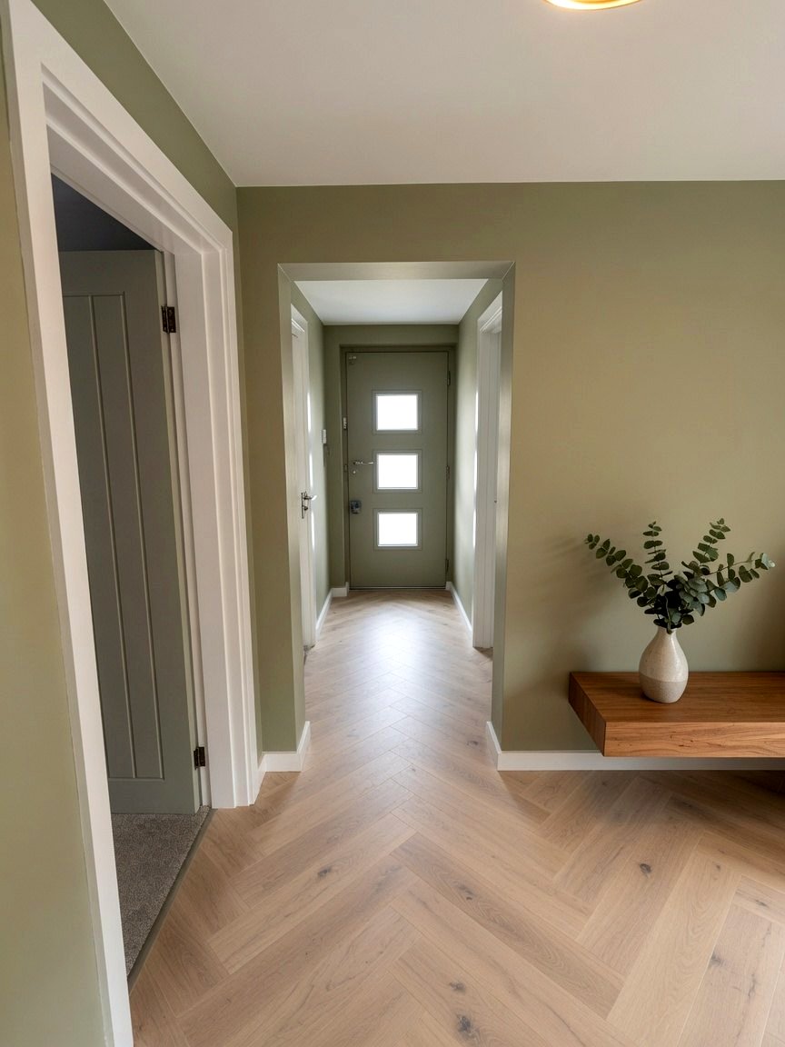 Sage-green hallway with herringbone flooring and floating console