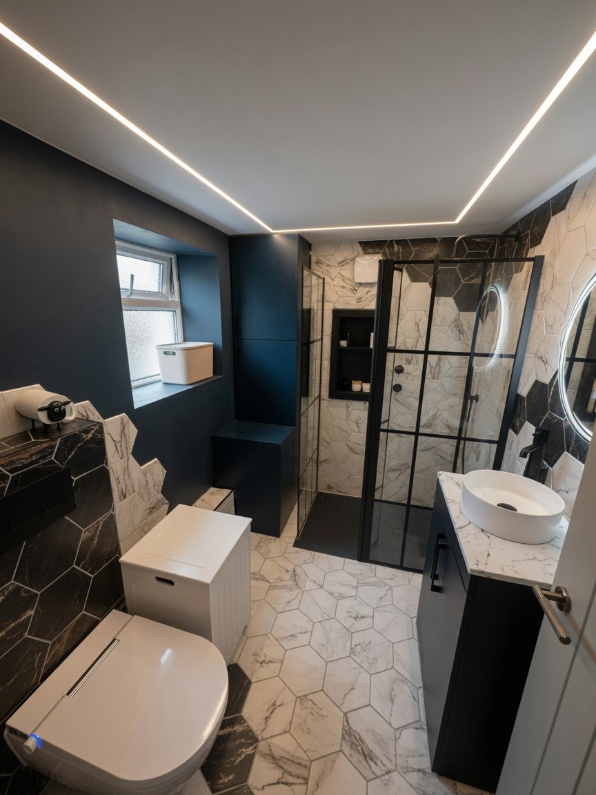 Marble and navy bathroom with hexagonal tiling and walk-in shower