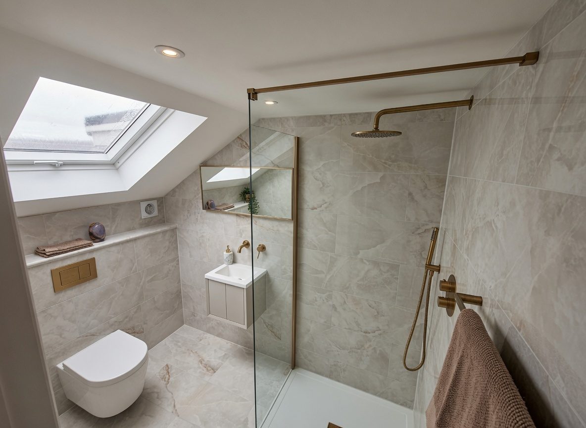Loft en-suite in Hampstead with onyx marble and gold fittings