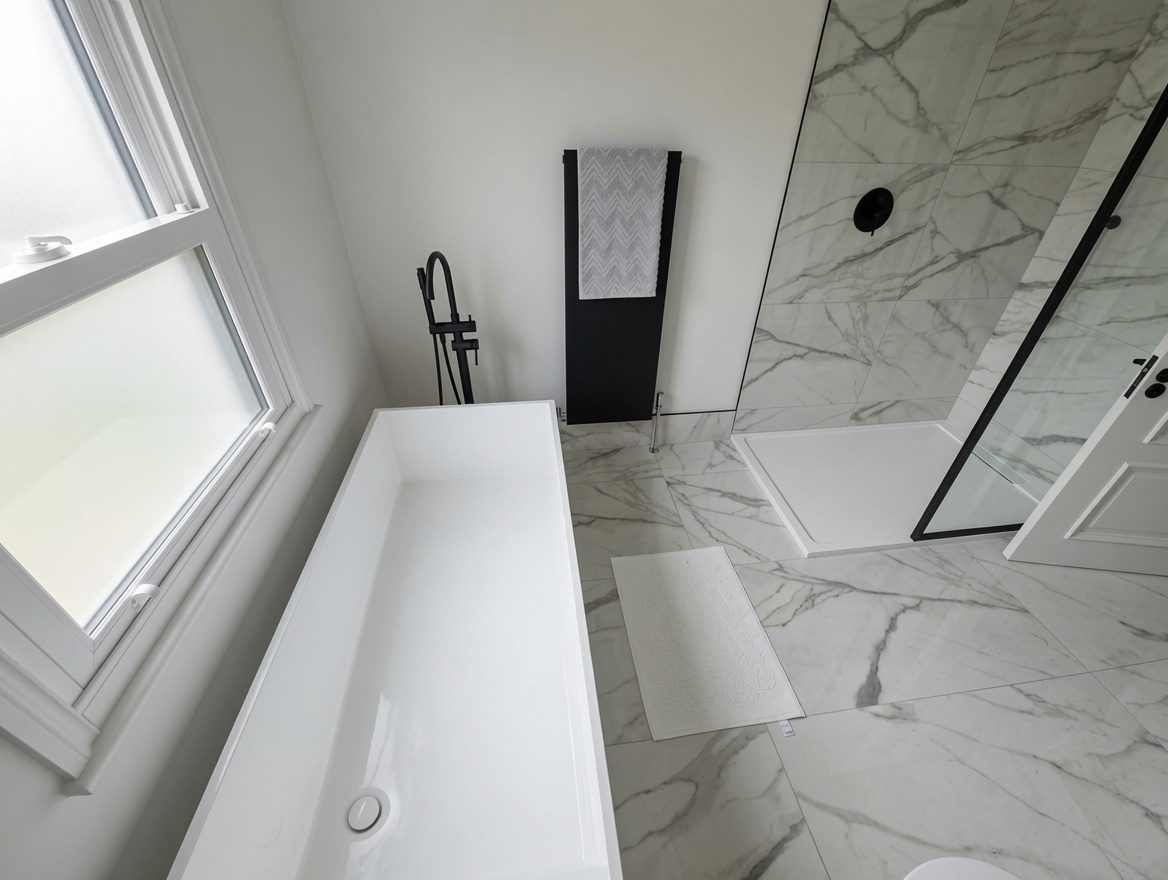 Freestanding bath beside the window with black tap